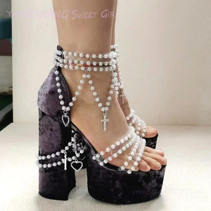 Taro Purple Suede Crystal Tassel Sandals Girls Cute Platform Open Heels Pink Round Toe Chunky Pearl String Ankle Lolita Shoes