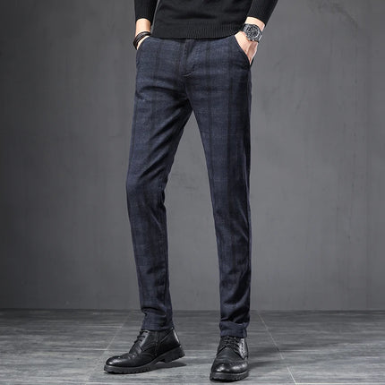 Spring Autumn Men's Korean Casual Pants Slim Straight Brushed Plaid Stretch Fashion Man Pants Office Social Business Trousers