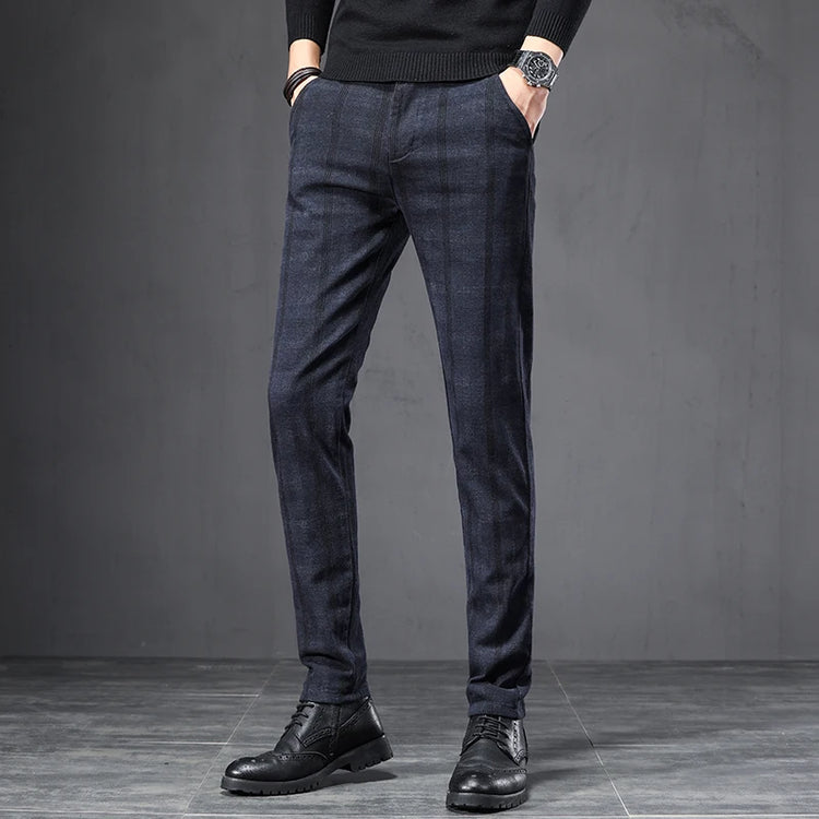 Spring Autumn Men's Korean Casual Pants Slim Straight Brushed Plaid Stretch Fashion Man Pants Office Social Business Trousers