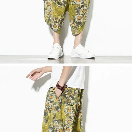 Pantaloncini Estivi Harajuku Larghi Stampati Traspiranti Casual a Lunghezza Polpaccio in Cotone Oversize da Uomo
