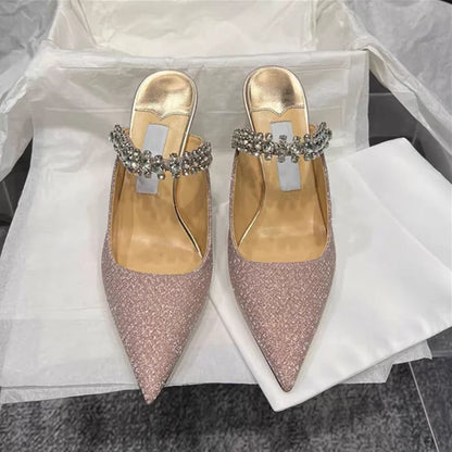 European and American Women Slippers 2025 Summer New Rhinestone High Heels Pointed Temperament Muller Shoes