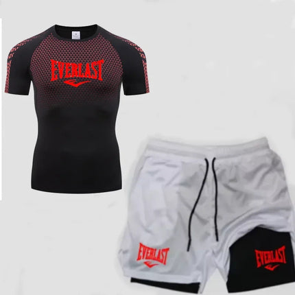EVERLAST Men's Compress Shirt + 2-in-1 sports shorts 2pcs Set Leisure Breath Short Sleeve Sport Jogging Gym Brand Print Clothing platinumshop