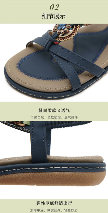 Summer 2025 Pomesian Rhinestones Comfortable And Casual Beach Flat Sandals For Women Ethnic Style Leisure Comfortable And Simple