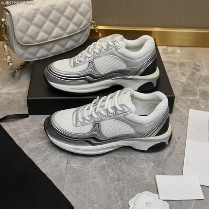 Unisex Retro Silver‑White Platform Sneakers Lace‑Up Mixed‑Material Comfort Streetwear Shoes For Male Female