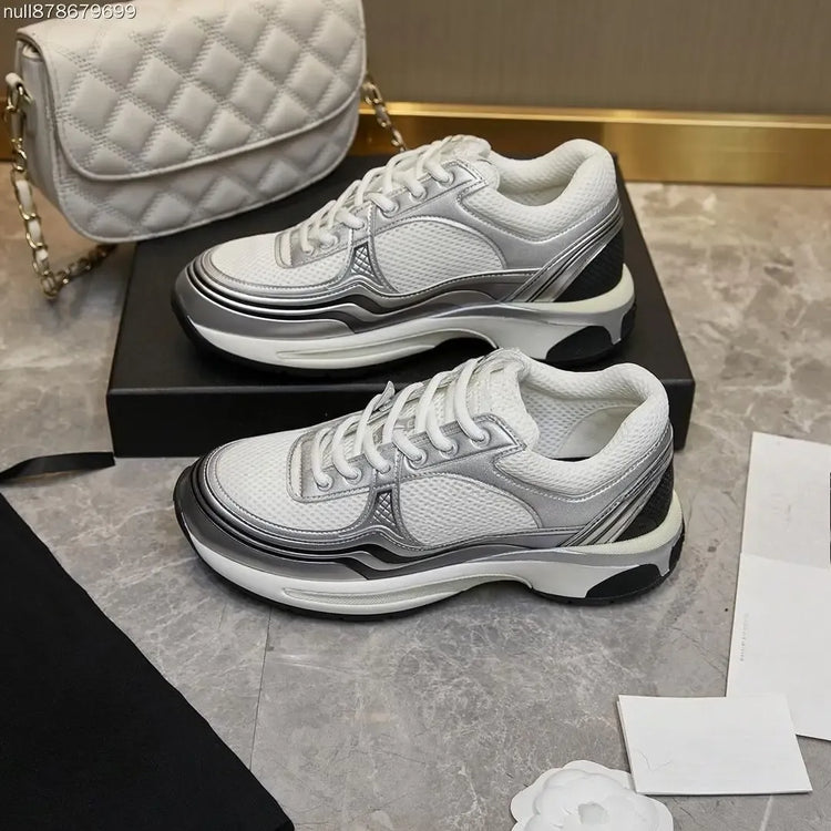 Unisex Retro Silver‑White Platform Sneakers Lace‑Up Mixed‑Material Comfort Streetwear Shoes For Male Female