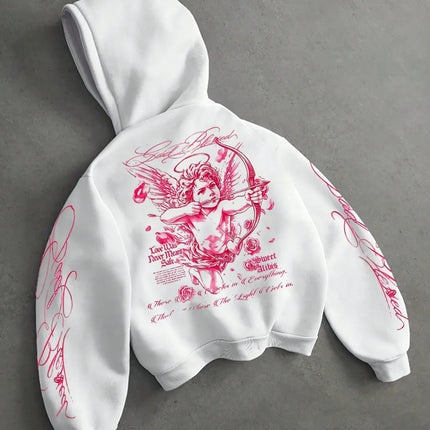 Y2K Cupid Angel Cropped Hoodie Unisex Pink Gothic Graphic Back Sleeve Print Short Pullover Sweatshirt Streetwear Autumn Winter
