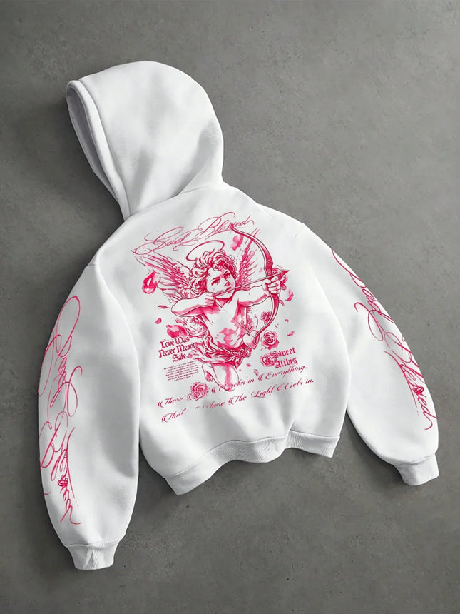 Y2K Cupid Angel Cropped Hoodie Unisex Pink Gothic Graphic Back Sleeve Print Short Pullover Sweatshirt Streetwear Autumn Winter