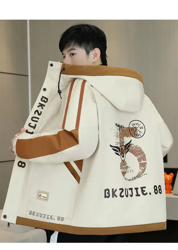 Fashion Autumn Winter Men's Hooded Fleece Jackets Youth High Streetwear Casual Plush Liner Coats Windproof Padded Tops Clothing