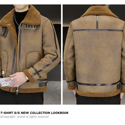High-quality Faux Fur Leather Jackets Men Splicing Pockets Trend Casual Motorcycle Bike Jacket Winter Thick Warm Coat Streetwear