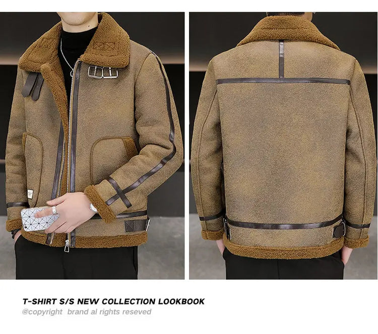 High-quality Faux Fur Leather Jackets Men Splicing Pockets Trend Casual Motorcycle Bike Jacket Winter Thick Warm Coat Streetwear