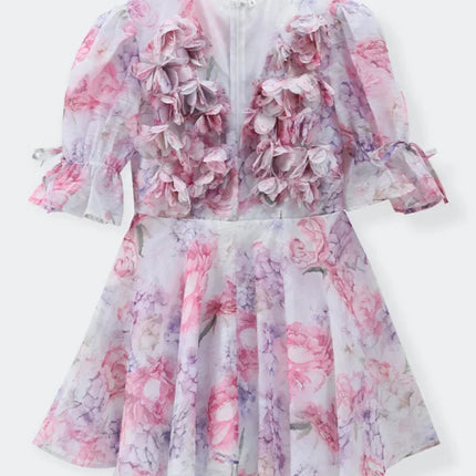 Elegant Mini Dress with Ruffles and Floral Patterns, Chic with Long Sleeves, Deep V-Neck, Slim Fit, A-Line, Short, 2026 Collection, Holiday and Street Dress for Women