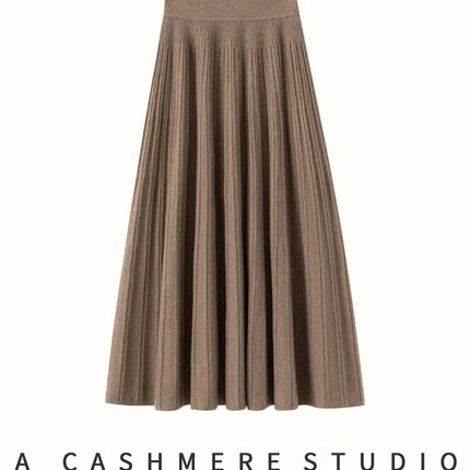 Chic Women's Cashmere Pleated A-line Skirt Autumn Winter 100% Cashmere Knitted Colorful Dots Decoration Elastic Waist Soft Dress PlatiNum