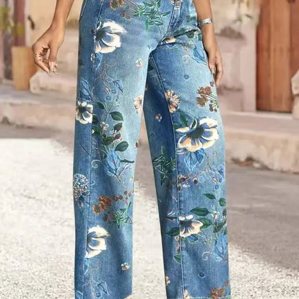 Jeans da donna con stampa Pantaloni a gamba larga Tasche a vita alta a tutta lunghezza Pantaloni dritti lavati in denim effetto consumato Casual invecchiato