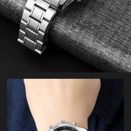 Skmei orologio da polso analogico al quarzo da uomo cinturino in acciaio inossidabile di lusso Led impermeabile digitale sportivo sveglia a tre fusi orari platinumshop