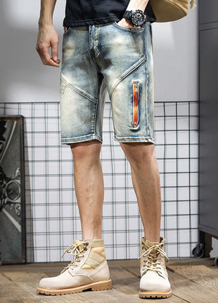 Pantaloncini di jeans da uomo estivi Retro moto cotone elastico moda jeans corti al ginocchio cerniera Hip Hop Rock Streetwear