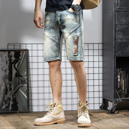 Pantaloncini di jeans da uomo estivi Retro moto cotone elastico moda jeans corti al ginocchio cerniera Hip Hop Rock Streetwear