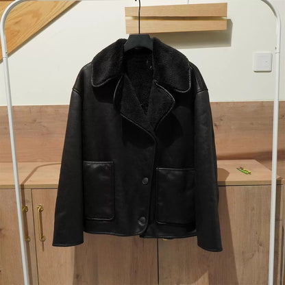 2024 Woman Thick Faux Leather Jackets for Women Streetwear Autumn Winter Warm Female Wool Blends Coats Outerwear