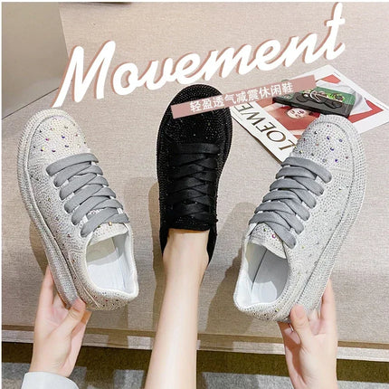 NEW Brand Women Fashion Casual Glitter Sparkling Sneakers Women Encrusted Lace Up Shoes White Sole Fashion Street Sneakers Shiny