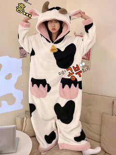 Women Onesie Kigurumis Cow Pajamas Adult Female Winter Sleepwear Zipper Hooded  Jumpsuits Thick Soft Warm Fleece Pijama Mujer