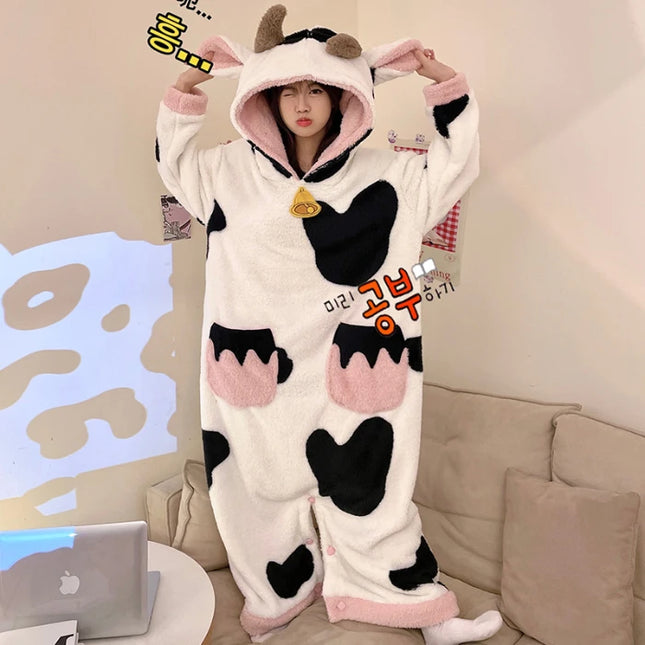 Women Onesie Kigurumis Cow Pajamas Adult Female Winter Sleepwear Zipper Hooded  Jumpsuits Thick Soft Warm Fleece Pijama Mujer