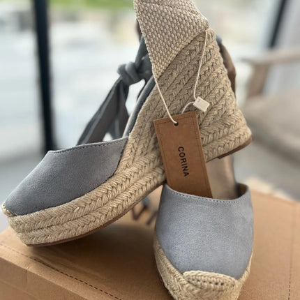 Corina brand esparto wedges espadrilles with blue natural jute wedge PlatiNum
