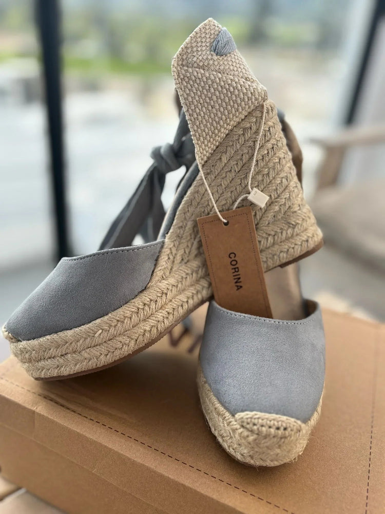Corina brand esparto wedges espadrilles with blue natural jute wedge PlatiNum