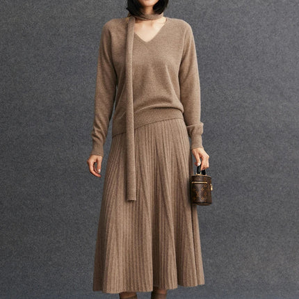 TLOML Luxury Women's 100% Cashmere Skirt Pleated Mid-Calf Skirt Autumn Winter Office Lady Grace Style Skirt Cashmere Knitwear PlatiNum