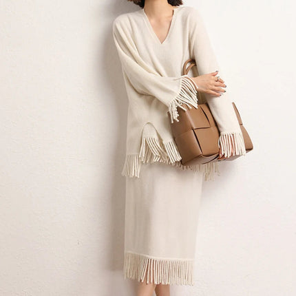 New Straight A-line Skirt Women's 100% Cashmere knitwear Spring Autumn Casual Loose Tassels Soft High Waist Mid Length Skirt PlatiNum