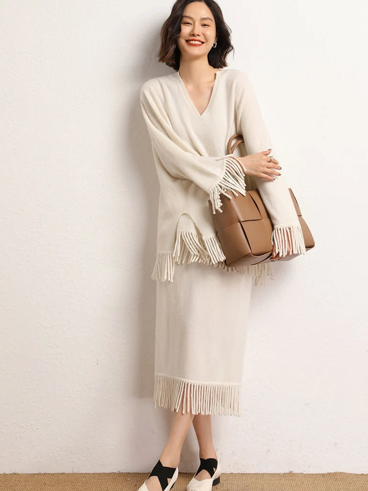 New Straight A-line Skirt Women's 100% Cashmere knitwear Spring Autumn Casual Loose Tassels Soft High Waist Mid Length Skirt PlatiNum