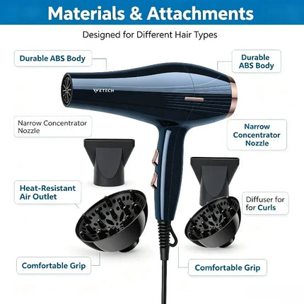WETECH 2000W Professional Hair Dryer Negative Ion Blow Dryer Cool Shot Function With Concentrator Nozzle Diffuser Salon Home Travel Hair Styling Tool Adjustable Heat Speed 100-240V Universal Voltage