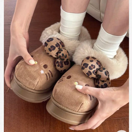 Sanrio Hello Kitty Winter Fleece Lined EVA Thick Mule Slippers Snowy Day Anti-Slip Warm Fleece Outdoor Slippers Women Snow Boots