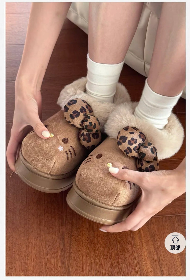 Sanrio Hello Kitty Winter Fleece Lined EVA Thick Mule Slippers Snowy Day Anti-Slip Warm Fleece Outdoor Slippers Women Snow Boots