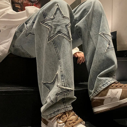 New Fashion Stella a cinque punte Jeans Uomo a vita alta Vintage Streetwear Pantaloni da uomo Baggy Inverno Jeans a gamba larga Denim Abbigliamento uomo