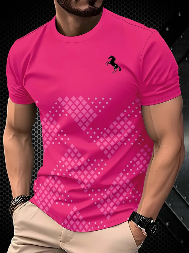 Men's Luxury Summer T-Shirt with Gradient 3D Print, Abstract Turquoise and Gold Wave and Spiral Pattern, Crew Neck, Short Sleeve, Breathable