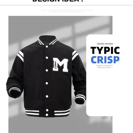 Men's Casual Letterman Jacket Varsity Baseball Coat Vintage Racing Style Streetwear Outerwear with Fine M Letter Embroidery