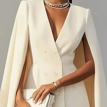 Women Fashion Commuter Solid Blazers Dress Office Double Breasted Waist Party Dress Elegant V-neck Shawl Cape Sleeve Midi Dress