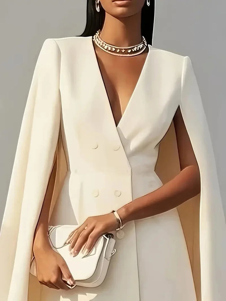 Women Fashion Commuter Solid Blazers Dress Office Double Breasted Waist Party Dress Elegant V-neck Shawl Cape Sleeve Midi Dress