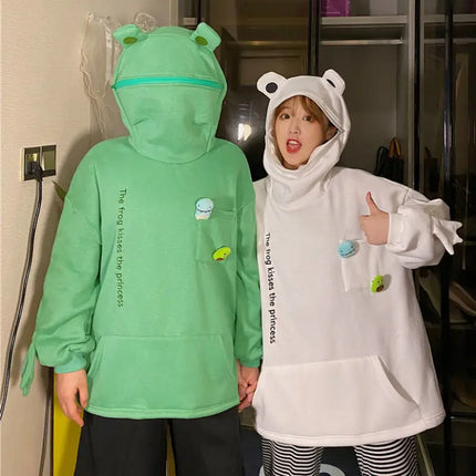 Y2K Autumn Winter Unisex Cartoon Frog Fleece Hoodies Loverly Zipper Loose Warm Sweatshirt Full Sleeve Harajuku Hooded Jackets