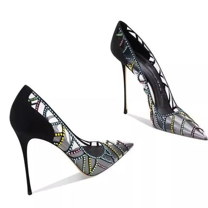 Scarpe da Donna Nere con Tacco a Spillo a Punta, Nuove 2026, con Strass Multicolore Trasparenti, Design di Nicchia platinumshop