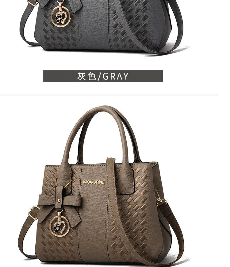 Bow Metal Pendant Top Handle Satchel Crossbody Bag, PU Leather Textured Bag Purse, Classic Versatile Fashion Shoulder Bag PlatiNum