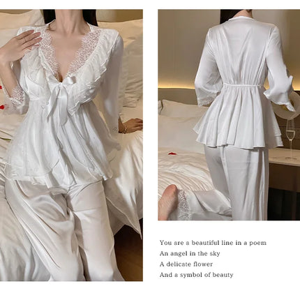 Set di indumenti da notte per la casa in raso di pizzo e pizzo da donna, pantaloni con top in pizzo dolce a V profondo, due pezzi di vestiti per la casa di grandi dimensioni bianco nero viola