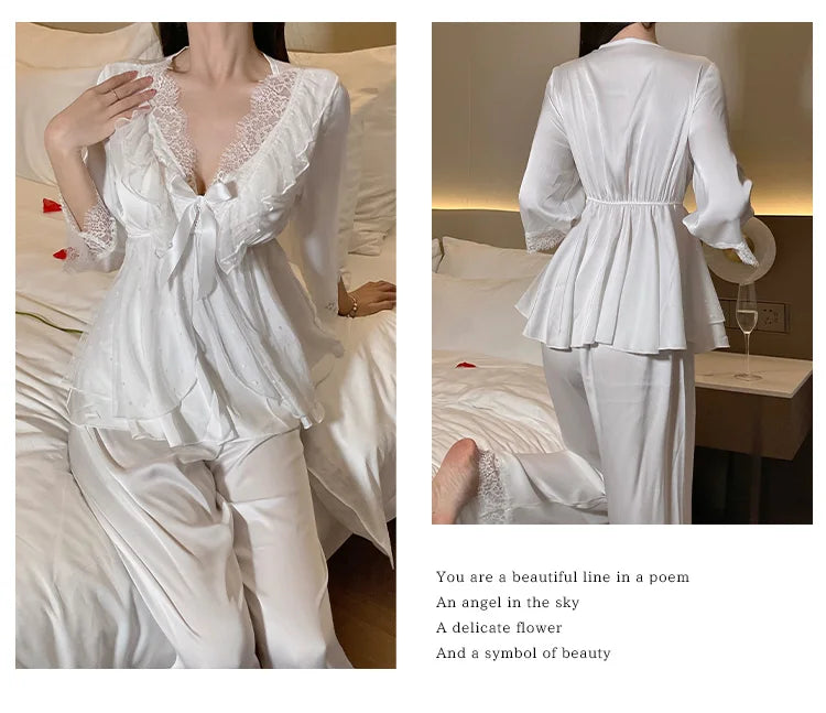 Set di indumenti da notte per la casa in raso di pizzo e pizzo da donna, pantaloni con top in pizzo dolce a V profondo, due pezzi di vestiti per la casa di grandi dimensioni bianco nero viola
