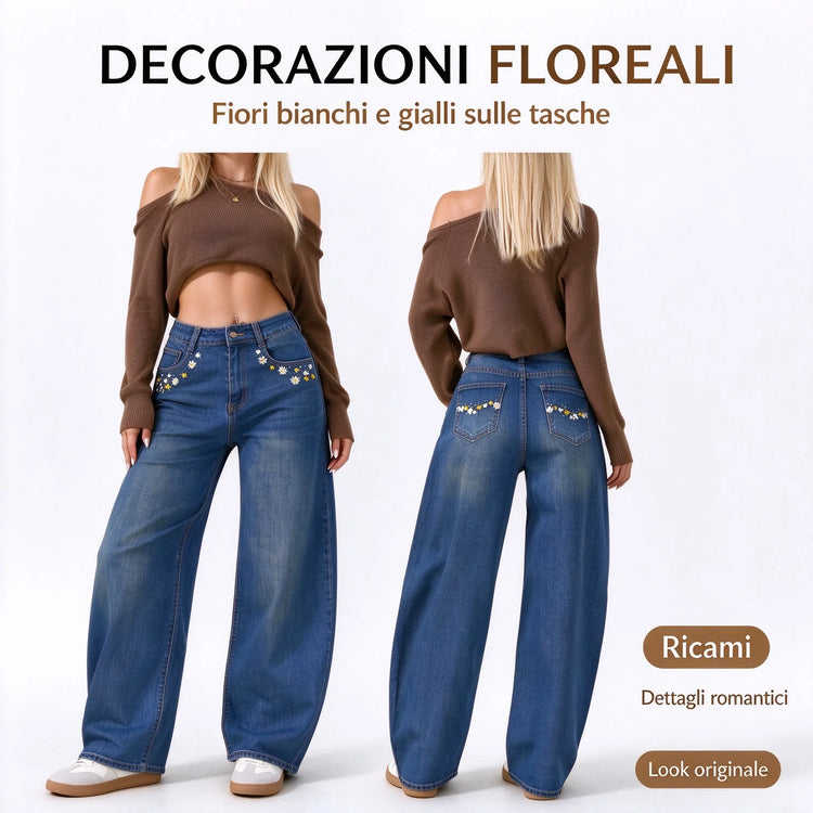 Women’s High-Waisted, Wide-Leg Jeans with Daisy Embroidery on the Pockets, Vintage Blue Denim with Faded Wash, Soft Casual Trousers for Everyday Wear  JF-593