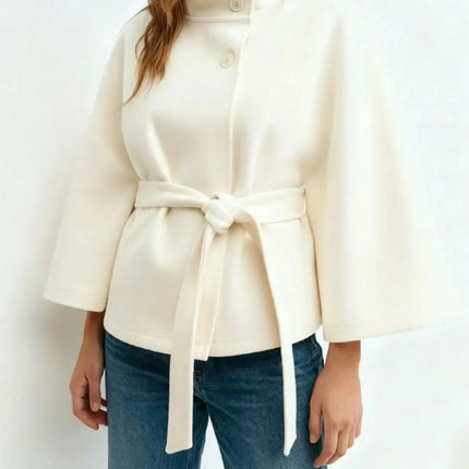 Women's Cape Coat Elegant Stand Collar Belted Solid Color Button Down Autumn Winter Jacket