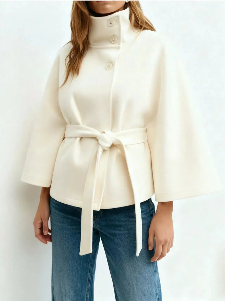 Women's Cape Coat Elegant Stand Collar Belted Solid Color Button Down Autumn Winter Jacket