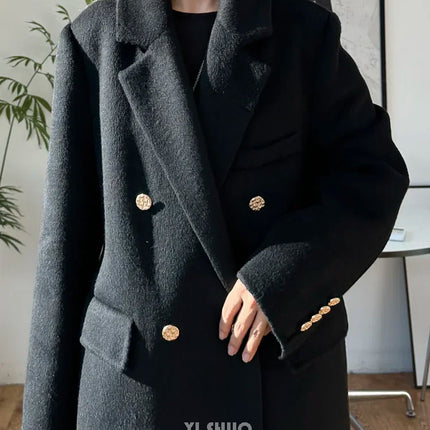 High-end Thick Double-sided Wool Coat Female Fashion Long  Autumn Winter Lapel Double Breasted Wool Coat Women Loose Outerwear