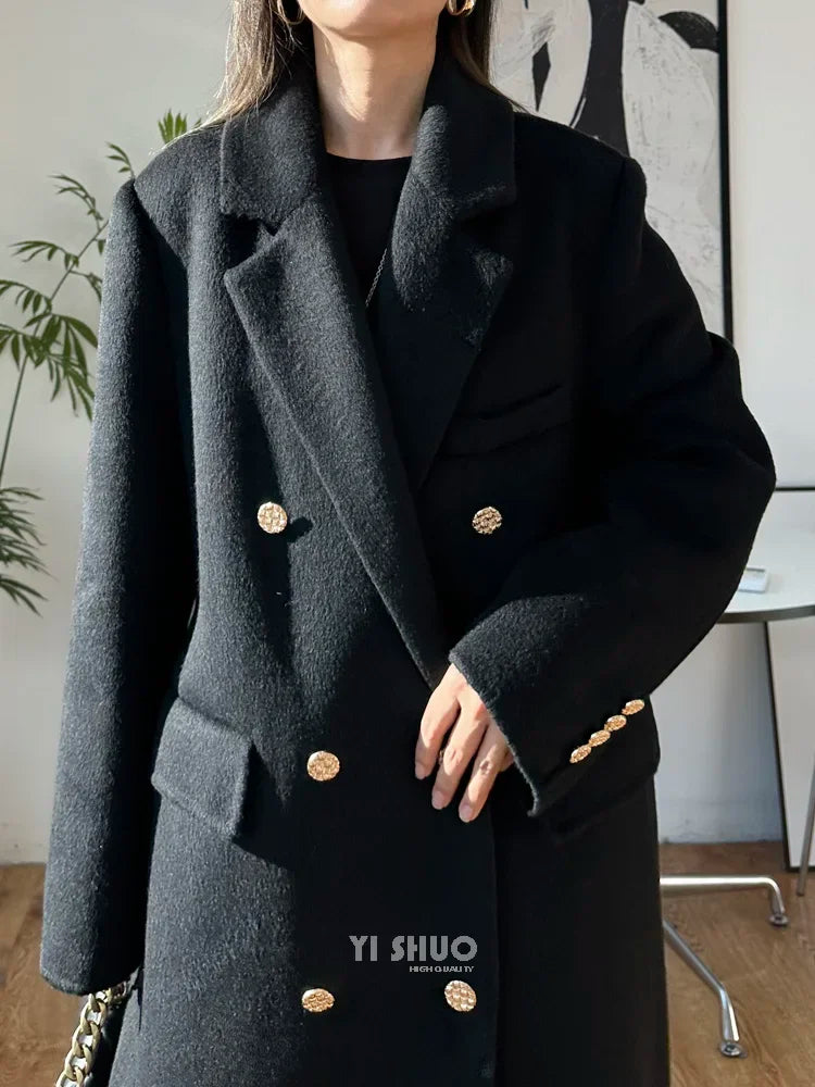 High-end Thick Double-sided Wool Coat Female Fashion Long  Autumn Winter Lapel Double Breasted Wool Coat Women Loose Outerwear