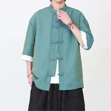 Camicia da Uomo di Lusso con Sfumature Colorate, Jacquard a Maniche Corte, Stile Cinese Tradizionale, Fresca per l'Estate, in Seta Ghiaccio