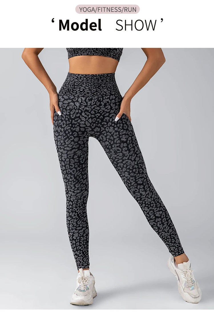 Women's Seamless Leopard Print Yoga Pants with Hip Lifting and High Waist Fitness Pants with High Elasticity PlatiNum