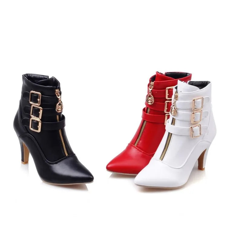 Women Shoes  Boots Spring High Heels Ankle Boots Pointed Toe Buckle  Boots Zip Ladies Shoes White Big Size 2023